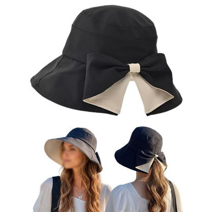 Wide Brim Bow Sun Hat Foldable Breathable Hat for Women - Black