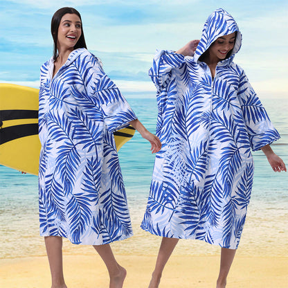 Unisex Hooded Towel Poncho Swim Parka for Adults - Blue Leaf