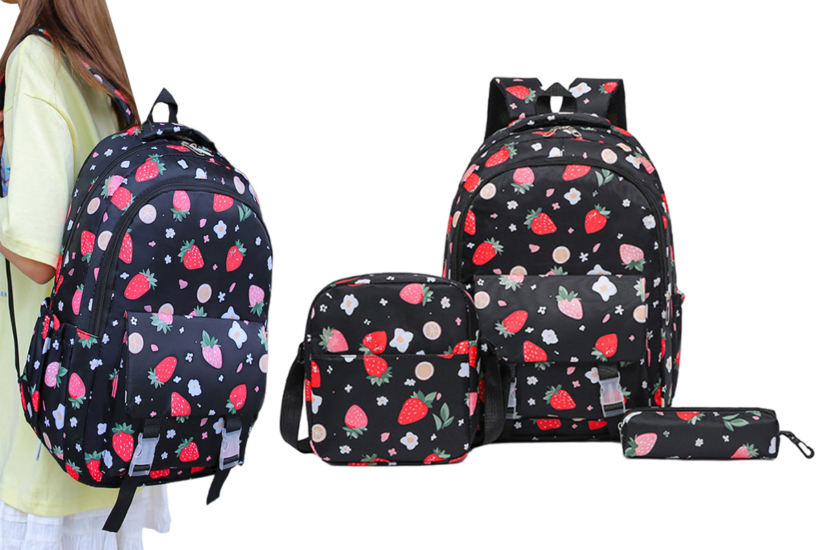 3Pcs Set Kids Backpack With Lunch Bag Pencil Bag Nylon Lightweight School Backpack-Black