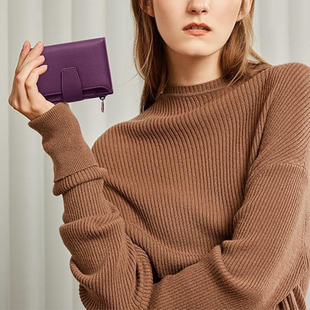 Genuine Leather Women's Wallet Short RFID Blocking Purse with Zipper Purple