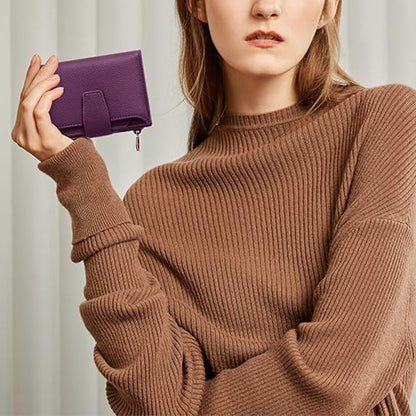 Genuine Leather Women's Wallet Short RFID Blocking Purse with Zipper Purple