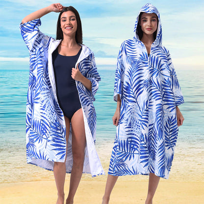 Unisex Hooded Towel Poncho Swim Parka for Adults - Blue Leaf