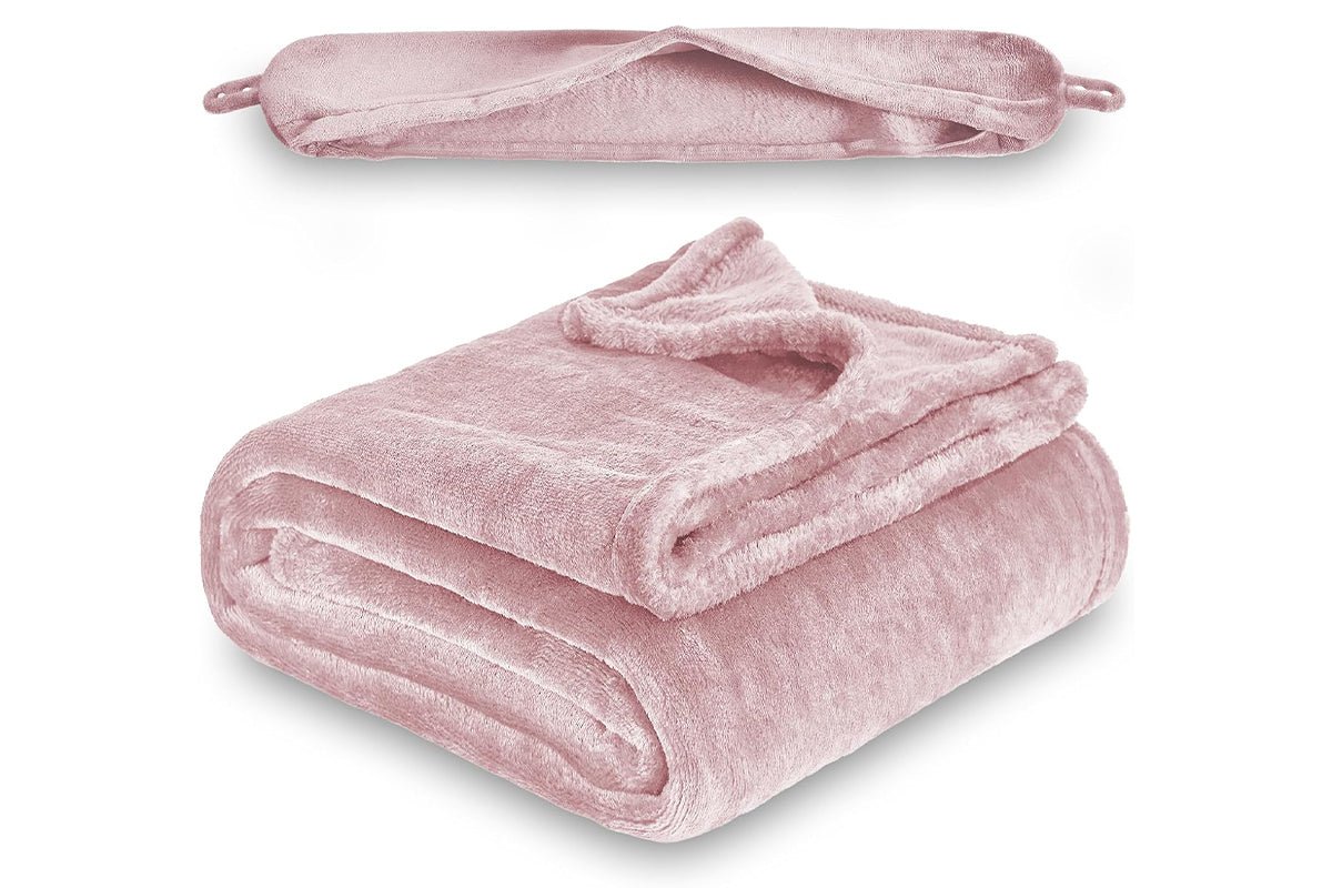 2 in 1 Travel Blanket and Pillow Flannel Blanket with Neck Pillow Case for Airplane Camping-Pink