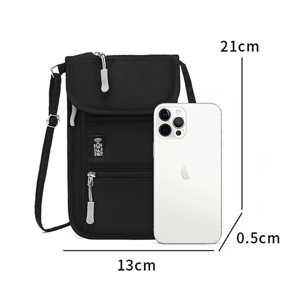 RFID Lined Travel Passport Holder Neck Wallet- Black
