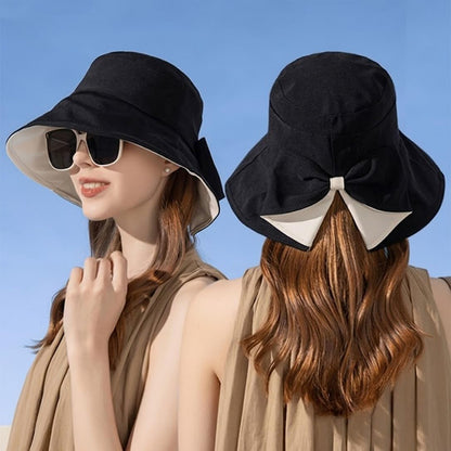Wide Brim Bow Sun Hat Foldable Breathable Hat for Women - Black