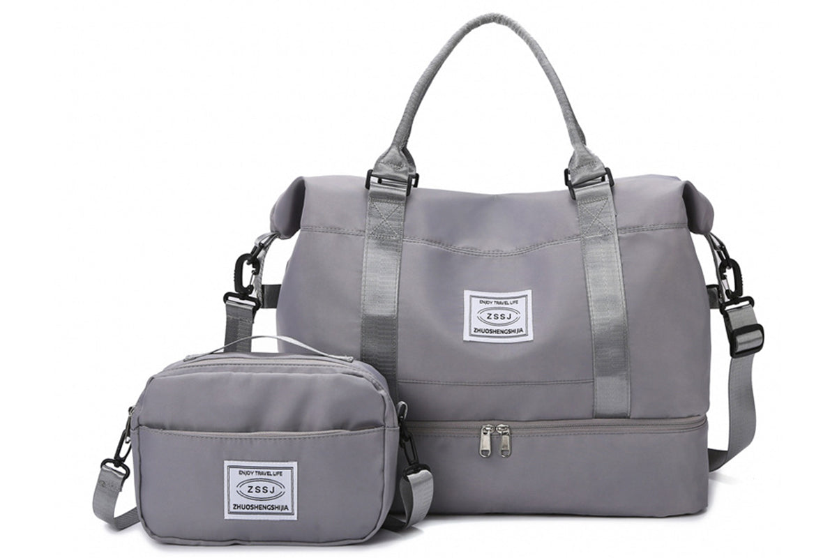 2Pcs Set 35L Travel Duffel Bag Crossbody Bag Shoulder Handbag for Women Men with Shoe Compartment -Grey