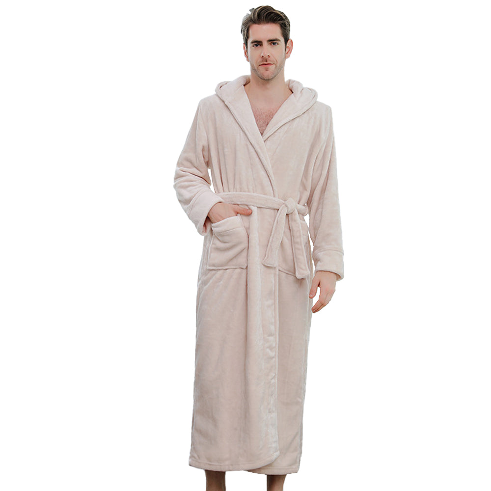 Unisex Winter Long Bathrobe Solid Warm Hooded Bath Robe for Lovers Beige