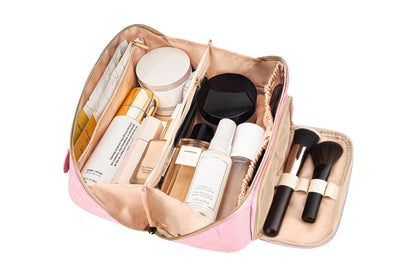 Large Capacity PU Leather Water-Resistant Checkered Cosmetic Bag Travel Makeup Bag-Pink