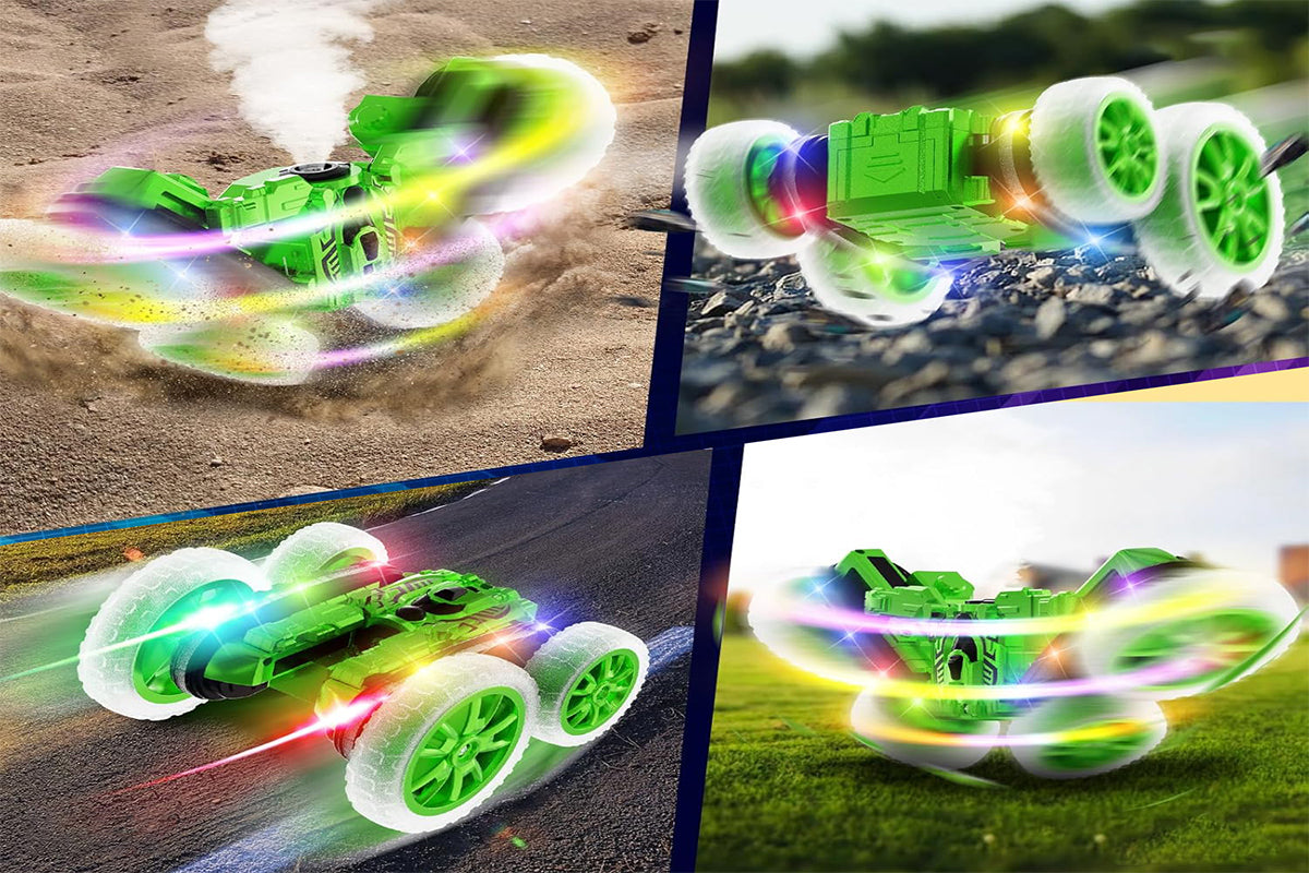 Remote Control Car 360 Degree Rotating RC Cars with Cool Spray 2.4Ghz Double Sided RC Stunt Car with Cool Lights-Green