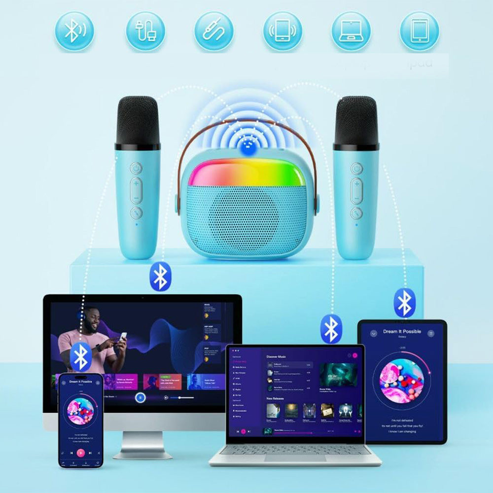 Mini Karaoke Machine with 2 Wireless Microphones Portable Bluetooth Speaker Singing Machine Blue