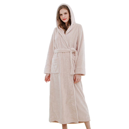 Unisex Winter Long Bathrobe Solid Warm Hooded Bath Robe for Lovers Beige
