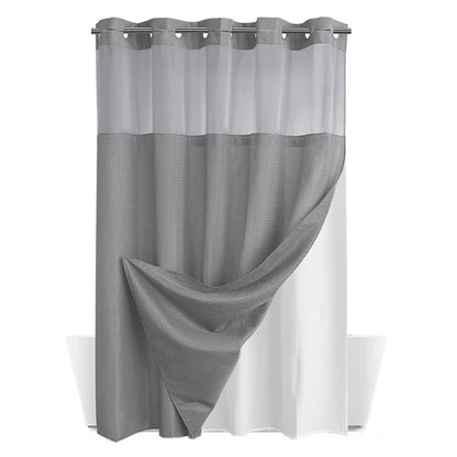 No Hook Shower Curtain with Snap in Fabric Liner Set Waffle Textured Shower Curtain for Bathroom Gray