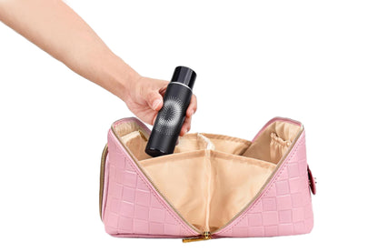 Large Capacity PU Leather Water-Resistant Checkered Cosmetic Bag Travel Makeup Bag-Pink
