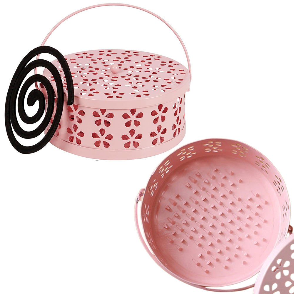 Metal Mosquito Coil Holder with Lid Portable Hanging Incense Burner Box Pink