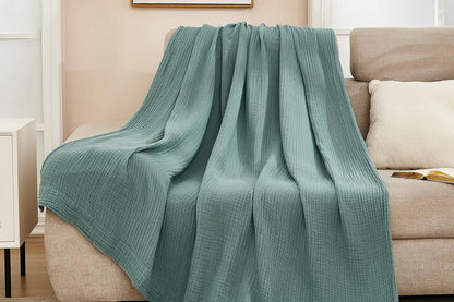Cotton Muslin Blanket Breathable Soft Muslin Throw Blanket for Adults -Green
