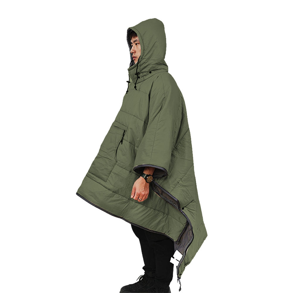 Camping Warm Cloak Cape Poncho Sleeping Bag Wearable Hooded Blanket for Hiking Fishing Outdoor Sport Green