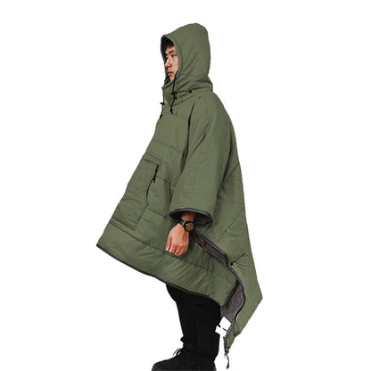 Camping Warm Cloak Cape Poncho Sleeping Bag Wearable Hooded Blanket for Hiking Fishing Outdoor Sport Green