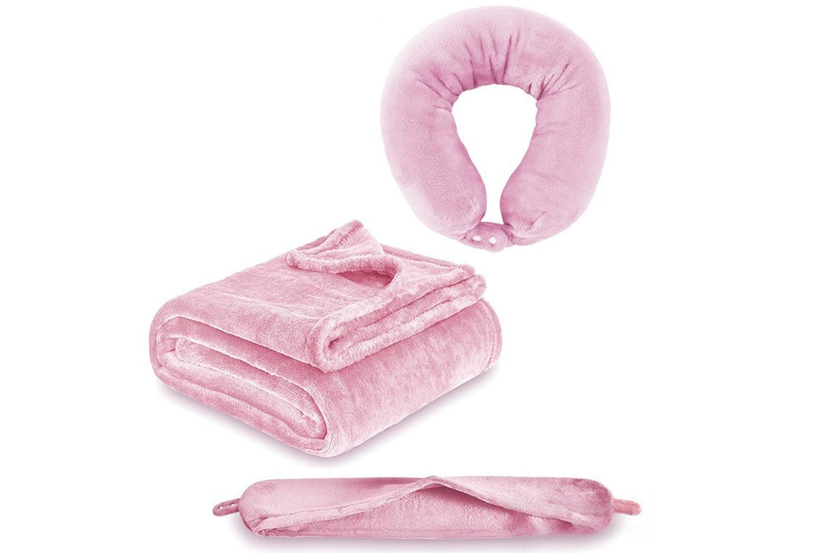 2 in 1 Travel Blanket and Pillow Flannel Blanket with Neck Pillow Case for Airplane Camping-Pink