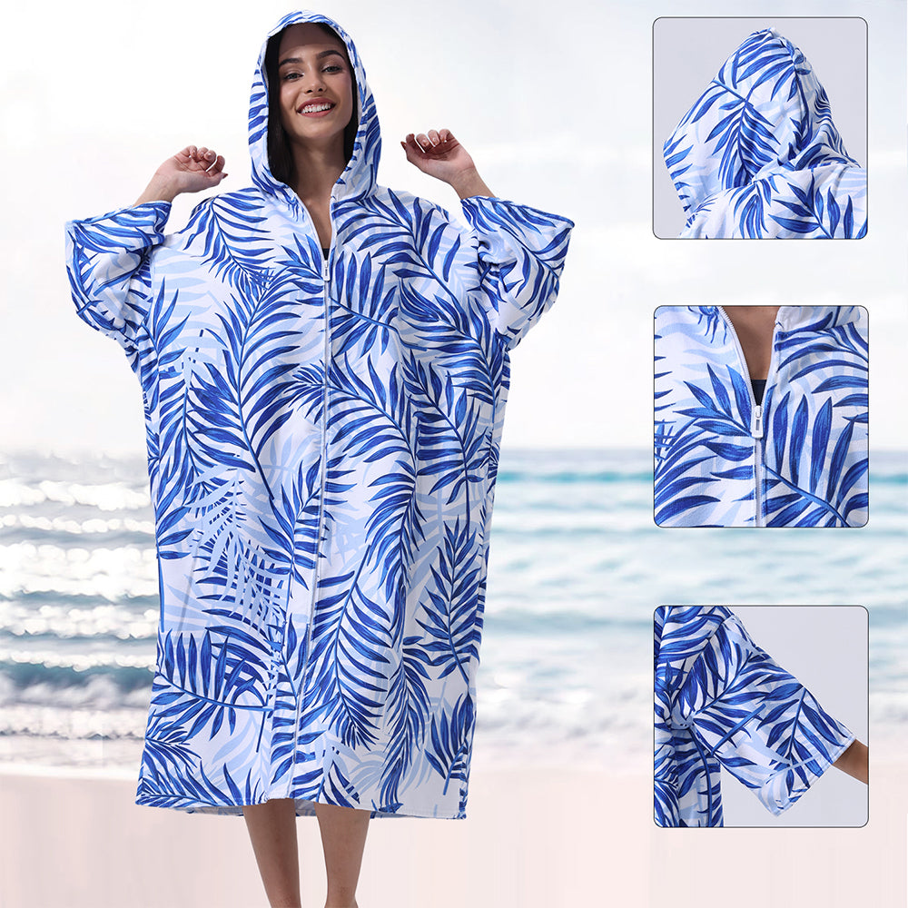 Unisex Hooded Towel Poncho Swim Parka for Adults - Blue Leaf
