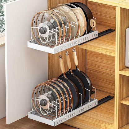 Vertical Pull Out Organizer for Pots and Pans Sliding Storage Rack with Dividers for Kitchen White