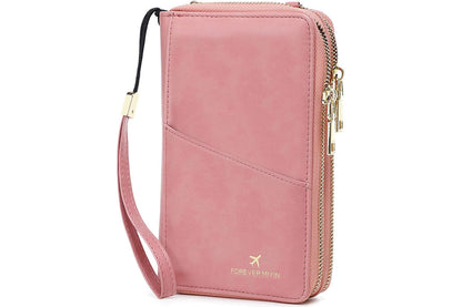 RFID Blocking Passport Wallet PU Document Organizer with Wristlet for Women -Pink