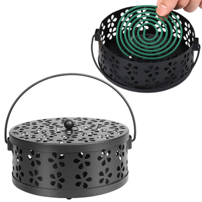 Metal Mosquito Coil Holder with Lid Portable Hanging Incense Burner Box Black