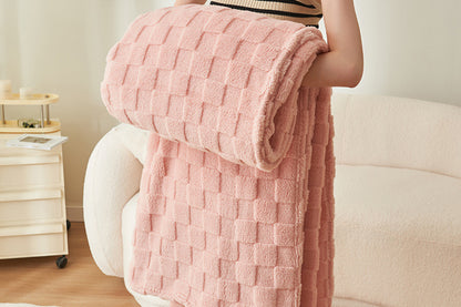 Soft Fleece Throw Blanket Checkered Jacquard Throw Blanket for Couch Bed-Pink