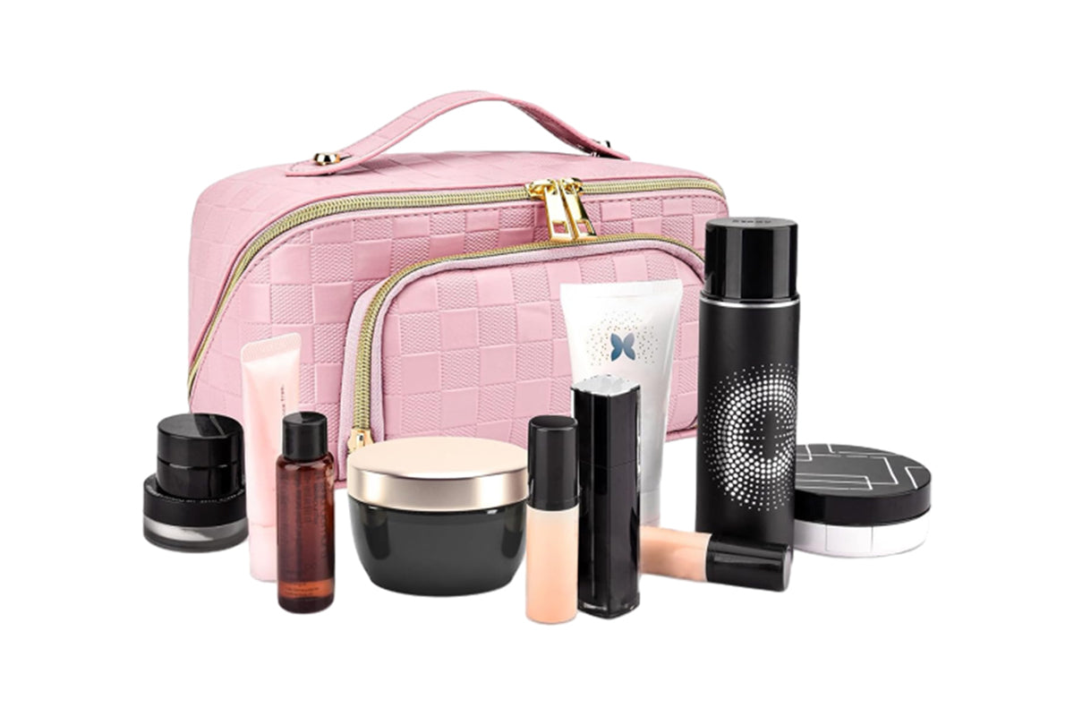 Large Capacity PU Leather Water-Resistant Checkered Cosmetic Bag Travel Makeup Bag-Pink