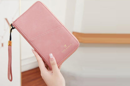 RFID Blocking Passport Wallet PU Document Organizer with Wristlet for Women -Pink