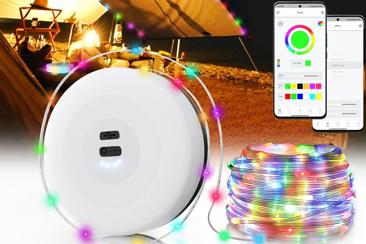 2Pcs Rechargeable Camping String Light 7M 58LED APP Control RGB Tent Fairy Lights for Outdoor Garden Party Yard Hiking