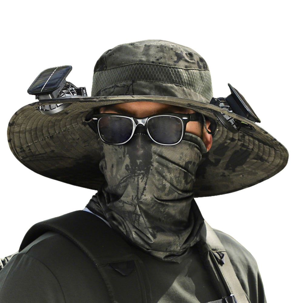 Wide Brim Sun Hat with Fans Solar Power UPF 50+ Bucket Fishing and Beach Hat-Green