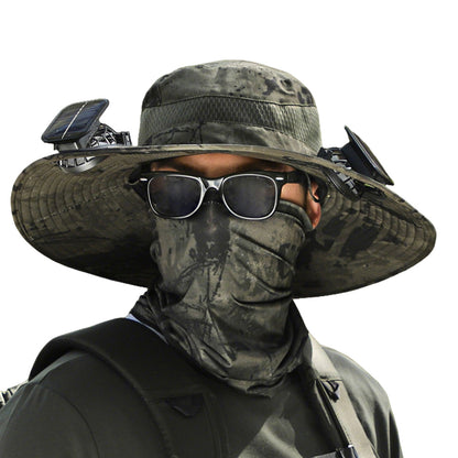 Wide Brim Sun Hat with Fans Solar Power UPF 50+ Bucket Fishing and Beach Hat-Green