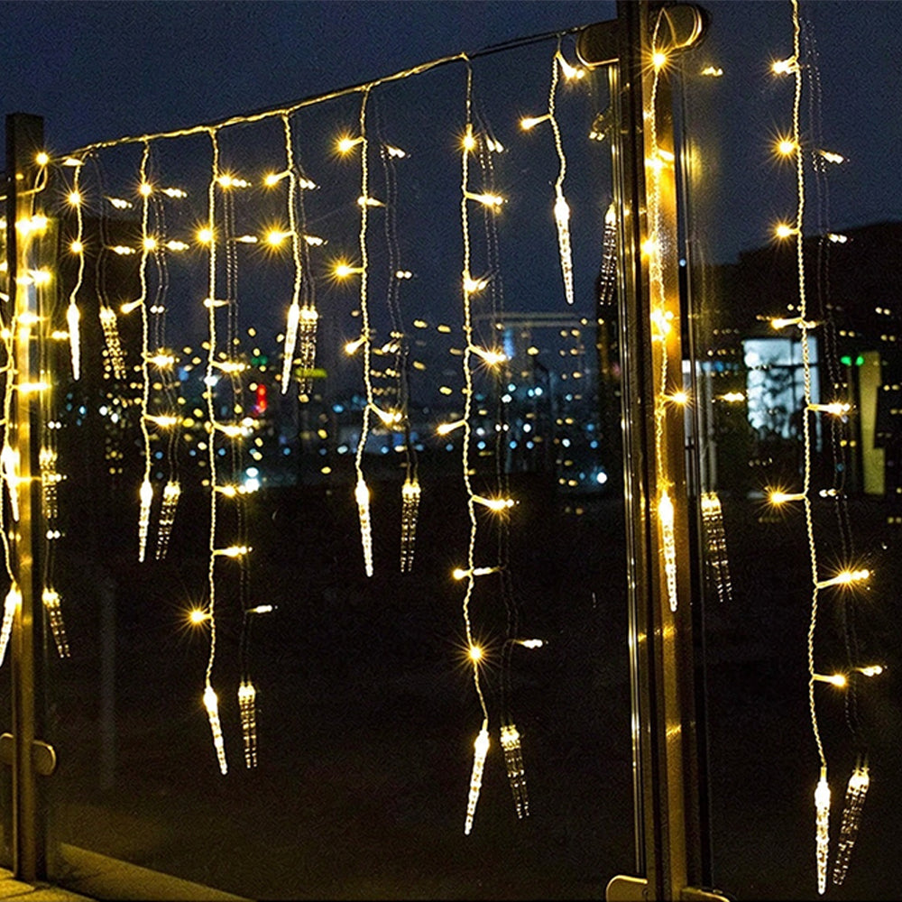 Christmas Icicle Lights Window Curtain Drooping Light String with 8 Modes - Warm White