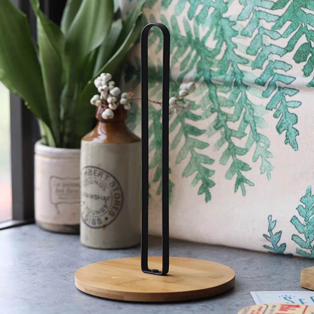 Freestanding Paper Towel Holder with Non-Slip Wood Base for Countertop Black