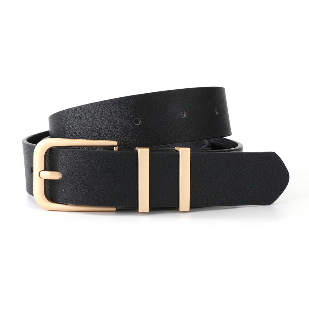 Women PU Leather Waist Belt Gold Pin Buckle Casual Belt for Jeans Dress-Black