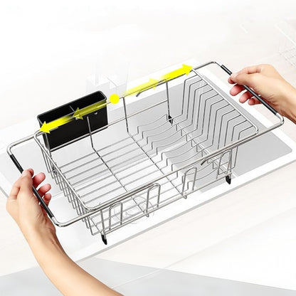 Expandable Stainless Steel Over Sink Dish Drying Rack with Utensil Holder - Silver