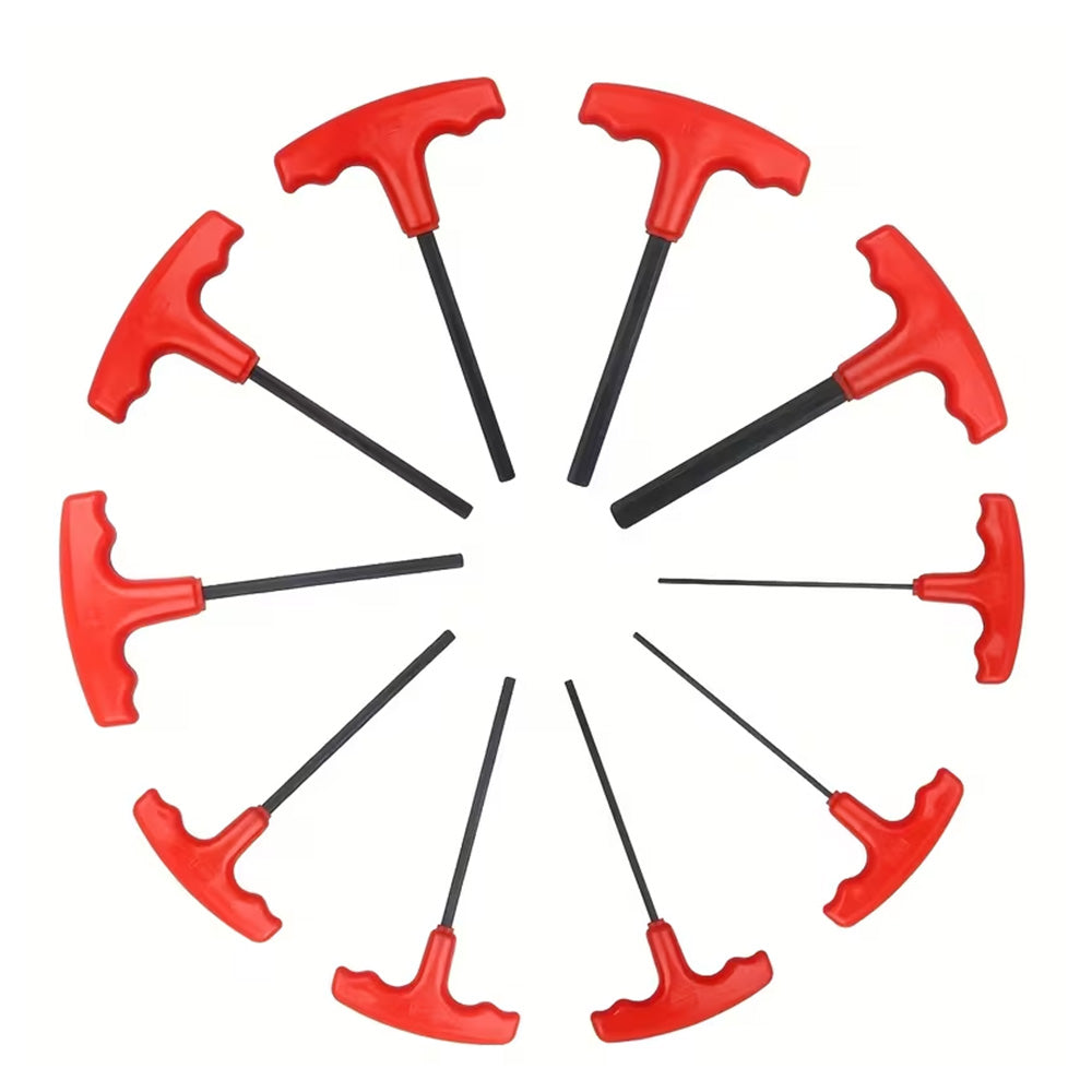 10 Piece CRV T Handle Hex Key Wrench Set with Metal Storage Stand - Red