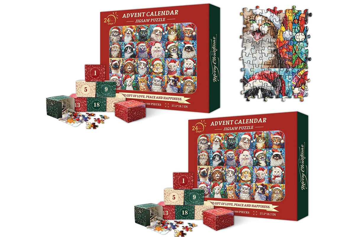 2Pcs Christmas Advent Calendar 2025 Puzzles for Adults 1000 Pieces Cat Mosaic Stained Glass Puzzle Countdown Calendar