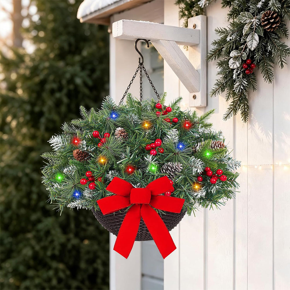 Christmas Artificial Hanging Basket Wreath Light with 8 Lighting Modes
