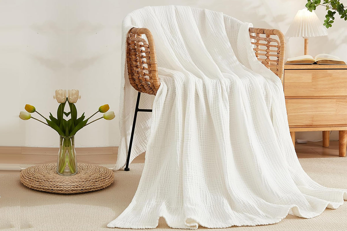 Cotton Muslin Blanket Breathable Soft Muslin Throw Blanket for Adults -White
