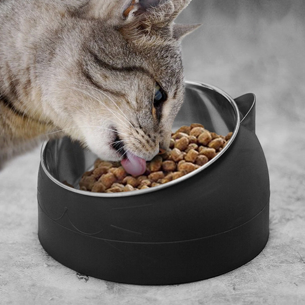 400ml Stainless Steel Tilted Pet Bowl Non-Slip Raised Feeder for Cats and Dogs-Black