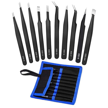 10 Piece Precision Tweezers Set with Bag