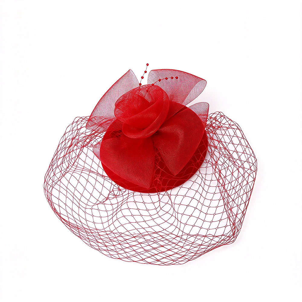 Vintage Mesh Rose Birdcage Veil Bridal Hair Headpiece - Red