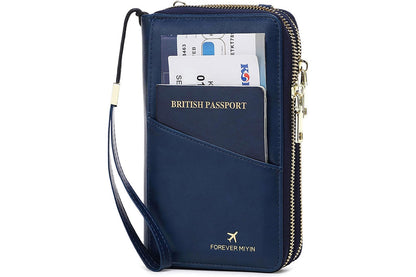 RFID Blocking Passport Wallet PU Document Organizer with Wristlet for Women -Blue