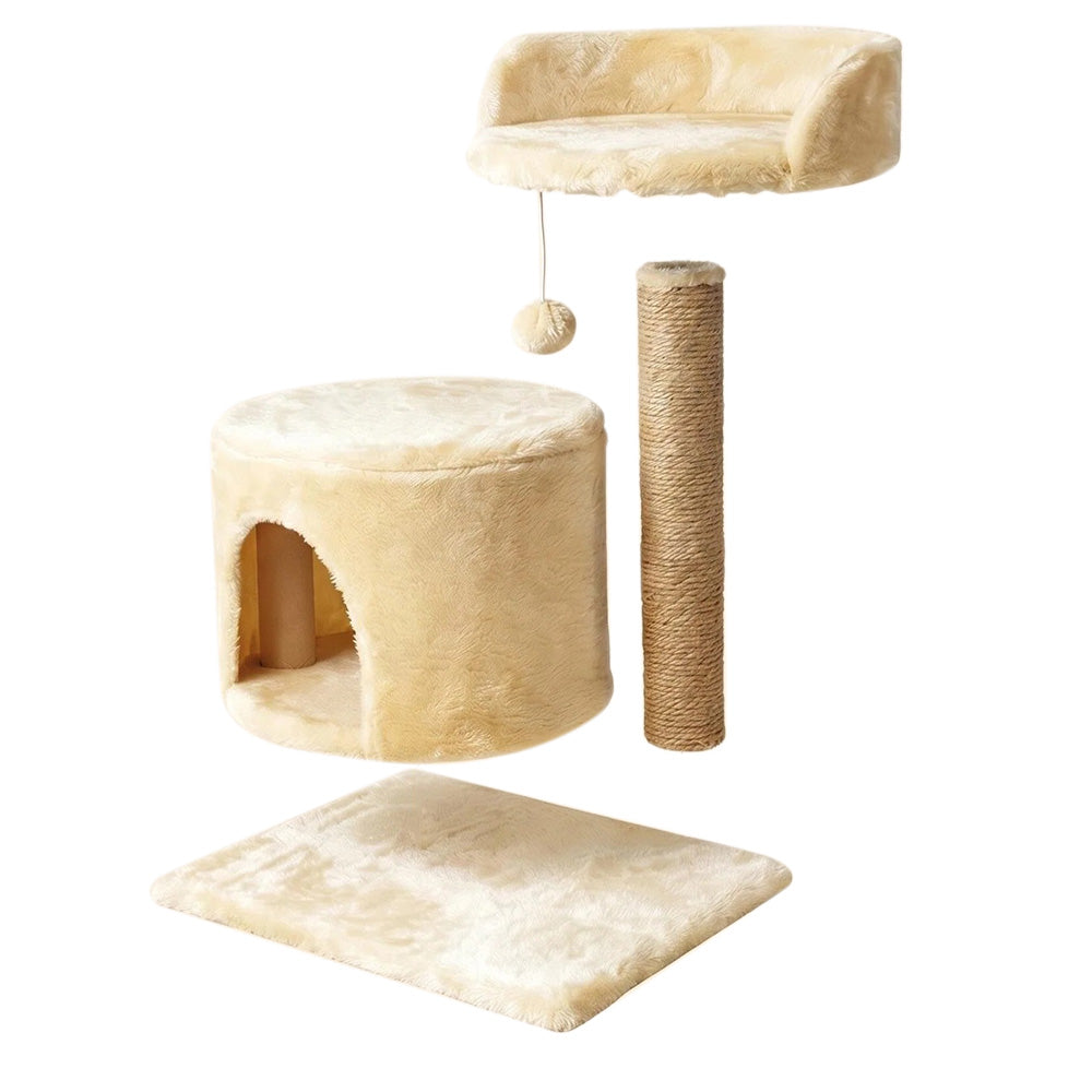 Small Cat Tree Tower with Enclosed Condo Scratching Post and Hanging Toy - Beige