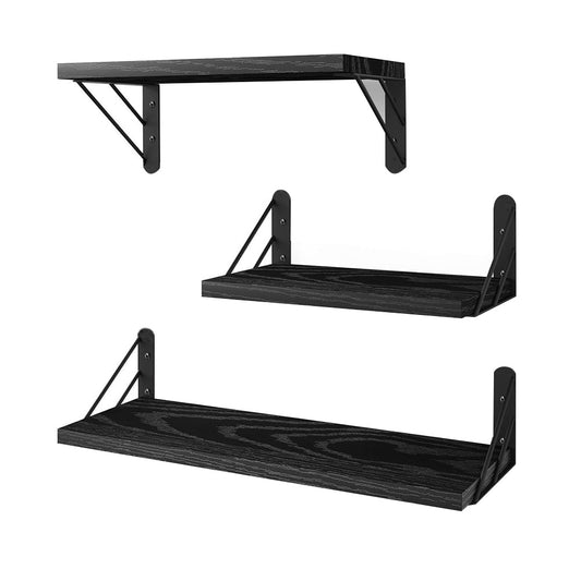 Set of 3Pcs Wall Mounted Wood Floating Shelves Storage Display Racks Black