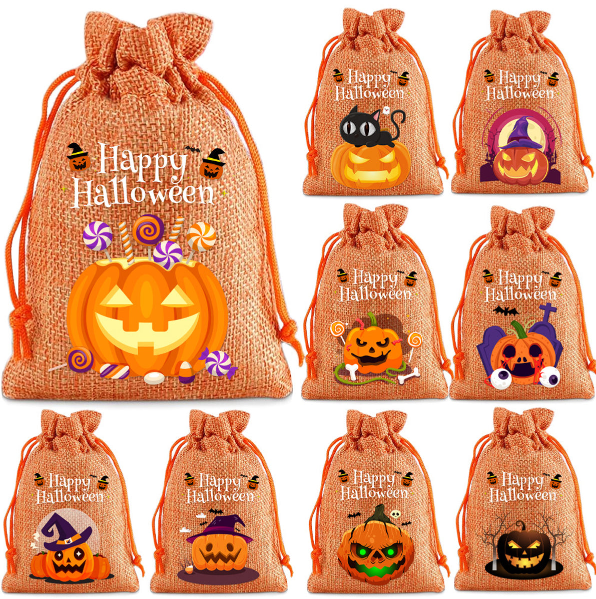 12 Pack Halloween Burlap Drawstring Gift Bags with Pumpkin Ghost Designs - Orange