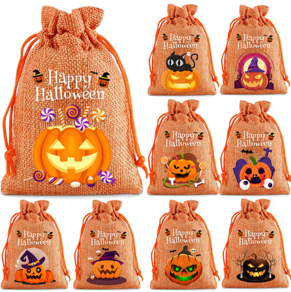 12 Pack Halloween Burlap Drawstring Gift Bags with Pumpkin Ghost Designs - Orange