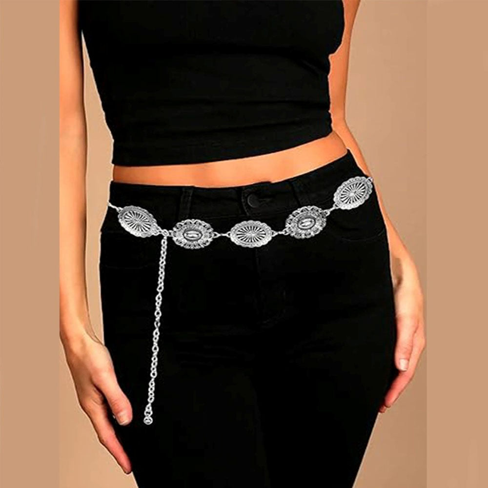 Western Concho Belt Women Vintage Metal Chain Belt for Dress Jeans-Silver