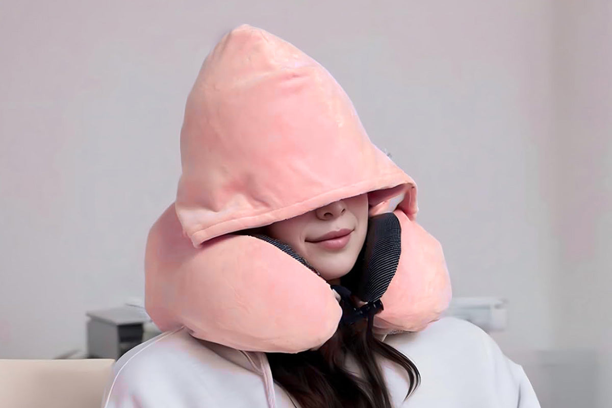 Hooded Travel Pillow with 3D Eye Masks Memory Foam Neck Pillow for Airplane Sleeping-Pink